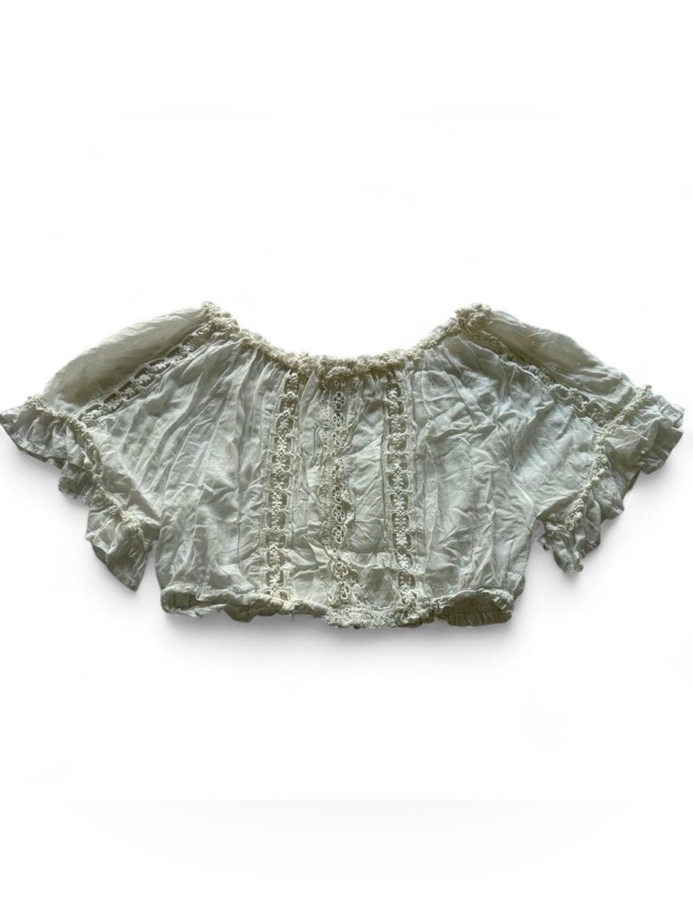 Millau White Lace Crop Top with Ruffles and Floral Embroidery | Size: M